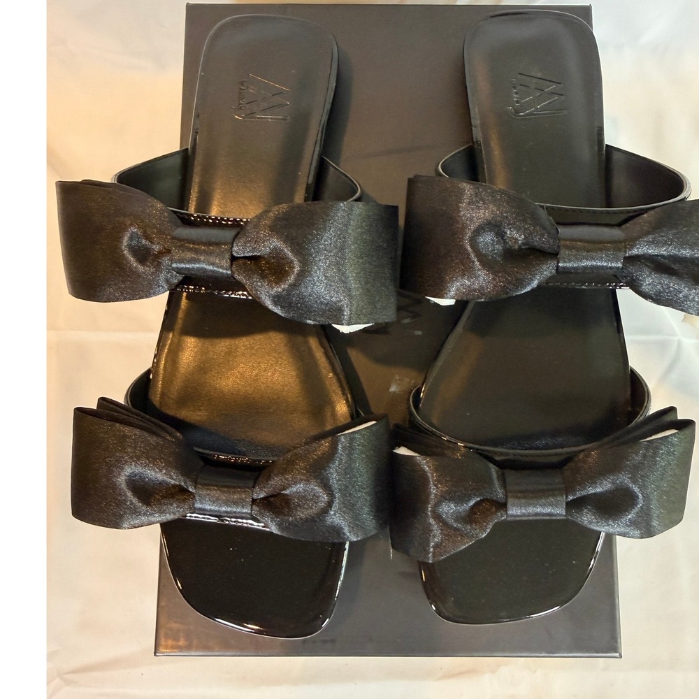 Aminah Abdul Jillil Jody Bow Flat Sandals Black Patent Leather Square Toe 9 NWB9 - Picture 6 of 7
